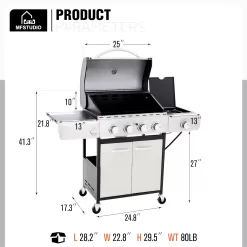 MFSTUDIO 4 Burner Propane Gas BBQ Grill with Porcelain-Enameled Cast Iron Grates and Side Burner, Stainless Steel