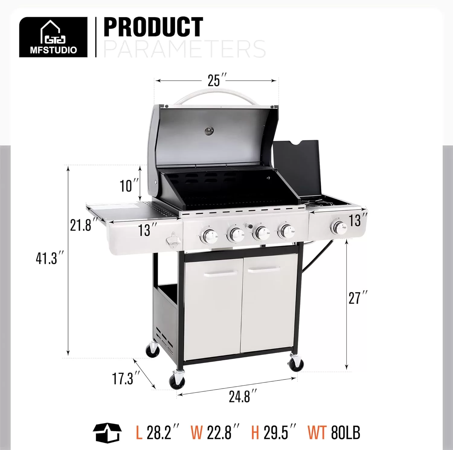 MFSTUDIO 4 Burner Propane Gas BBQ Grill with Porcelain-Enameled Cast Iron Grates and Side Burner, Stainless Steel