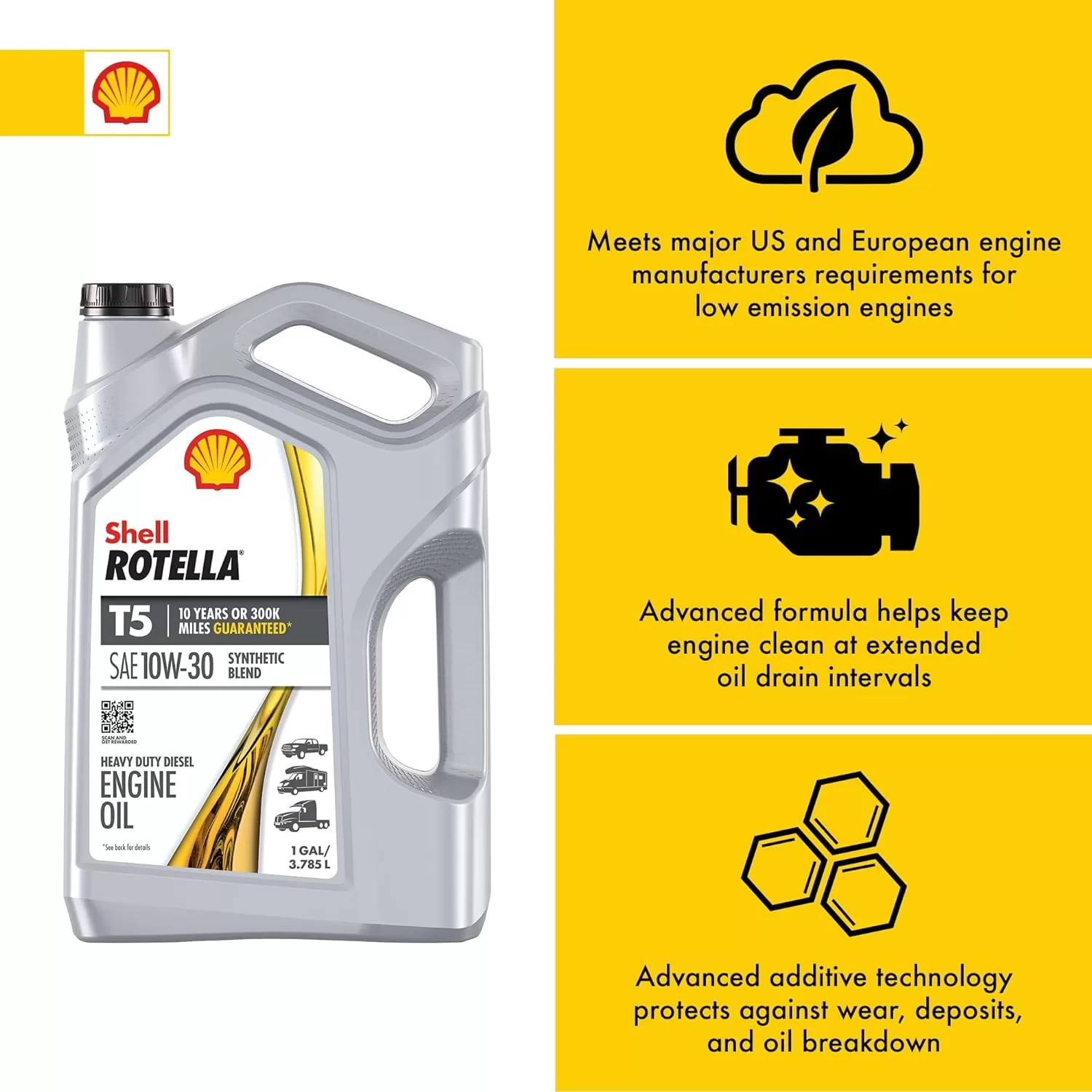 Shell Rotella T5 Synthetic Blend 10W-30 Diesel Engine Oil (1-Gallon, Case of 3)