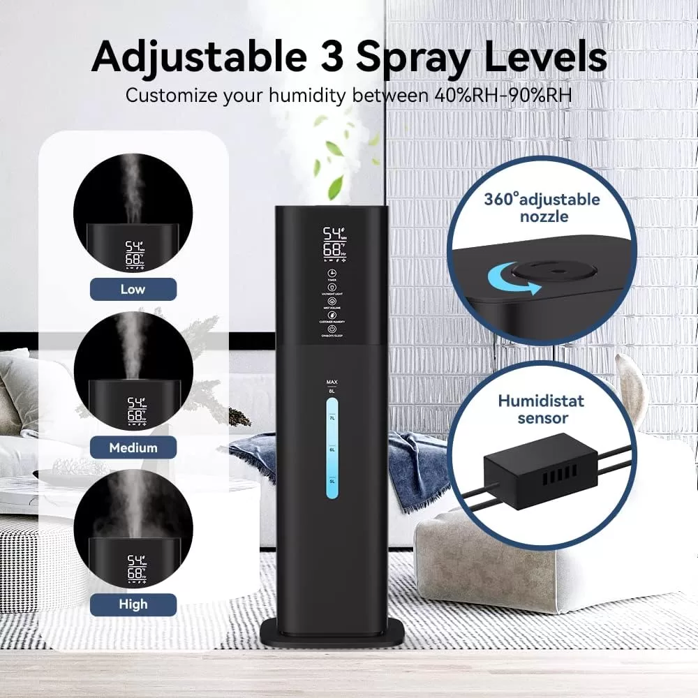 Humidifiers Large Room Bedroom with 7 Colors Light, 2.1Gal(8L) 3 Speed Quiet Ultrasonic Cool Mist Humidifier (Black)