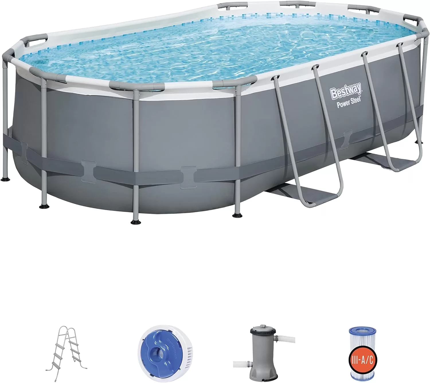 Bestway Power Steel 14' x 8'2" x 39.5" Oval Above Ground Pool Set | Includes 530gal Filter Pump, Ladder, ChemConnect Dispener