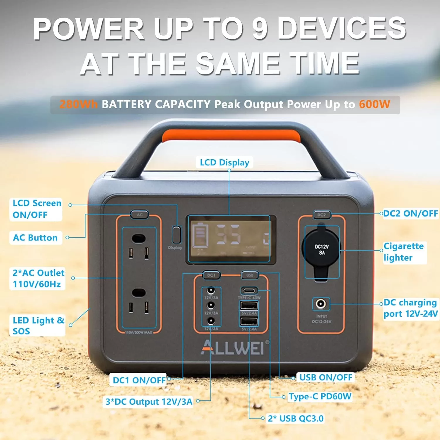 ALLWEI Portable Power Station 300W(Peak 600W), 280Wh Solar Generator with USB-C PD60W