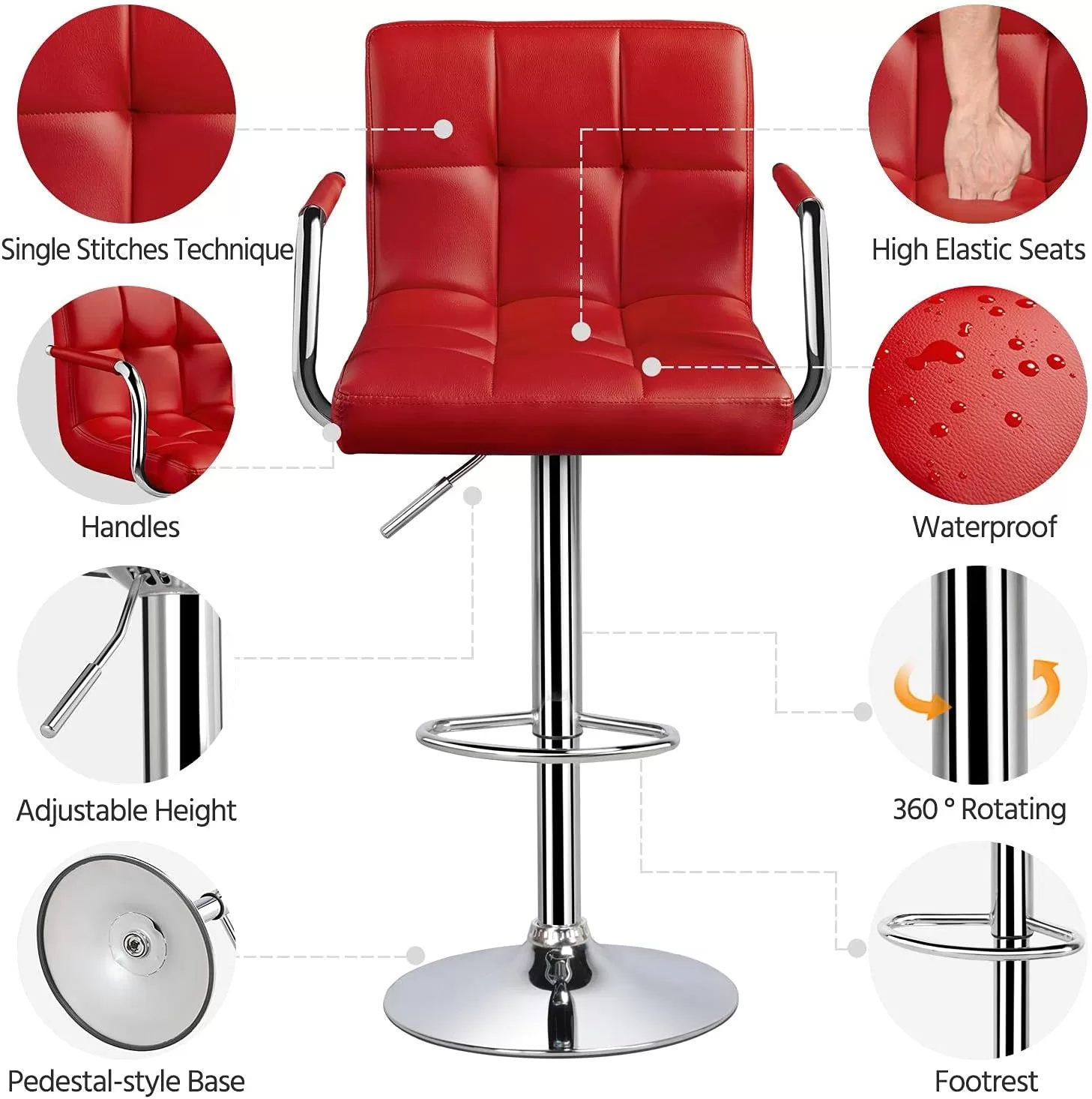 Yaheetech Tall Bar Stools Set of 2 Modern Square PU Leather Adjustable BarStools Counter Height Stools, Red