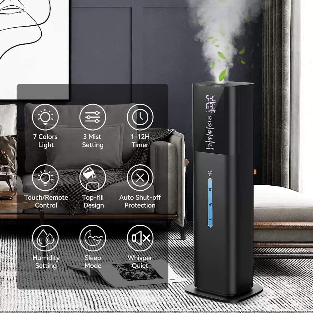 Humidifiers Large Room Bedroom with 7 Colors Light, 2.1Gal(8L) 3 Speed Quiet Ultrasonic Cool Mist Humidifier (Black)
