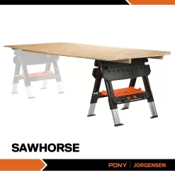 Pony Portable Folding Work Table, 2-in-1 as Sawhorse & Workbench, Load Capacity 1000 lbs-Sawhorse & 500 lbs-Workbench