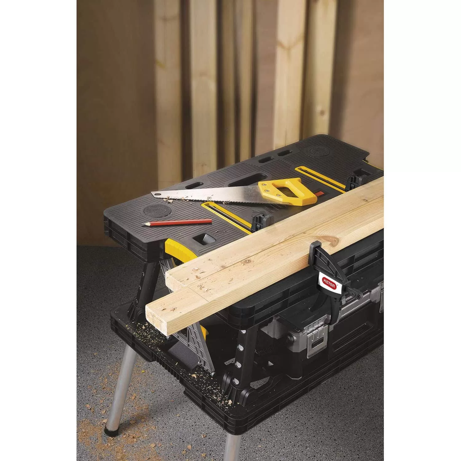 Keter Portable Folding Work Table Tool Storage Stand Workbench with 12 Inch Wood Clamps