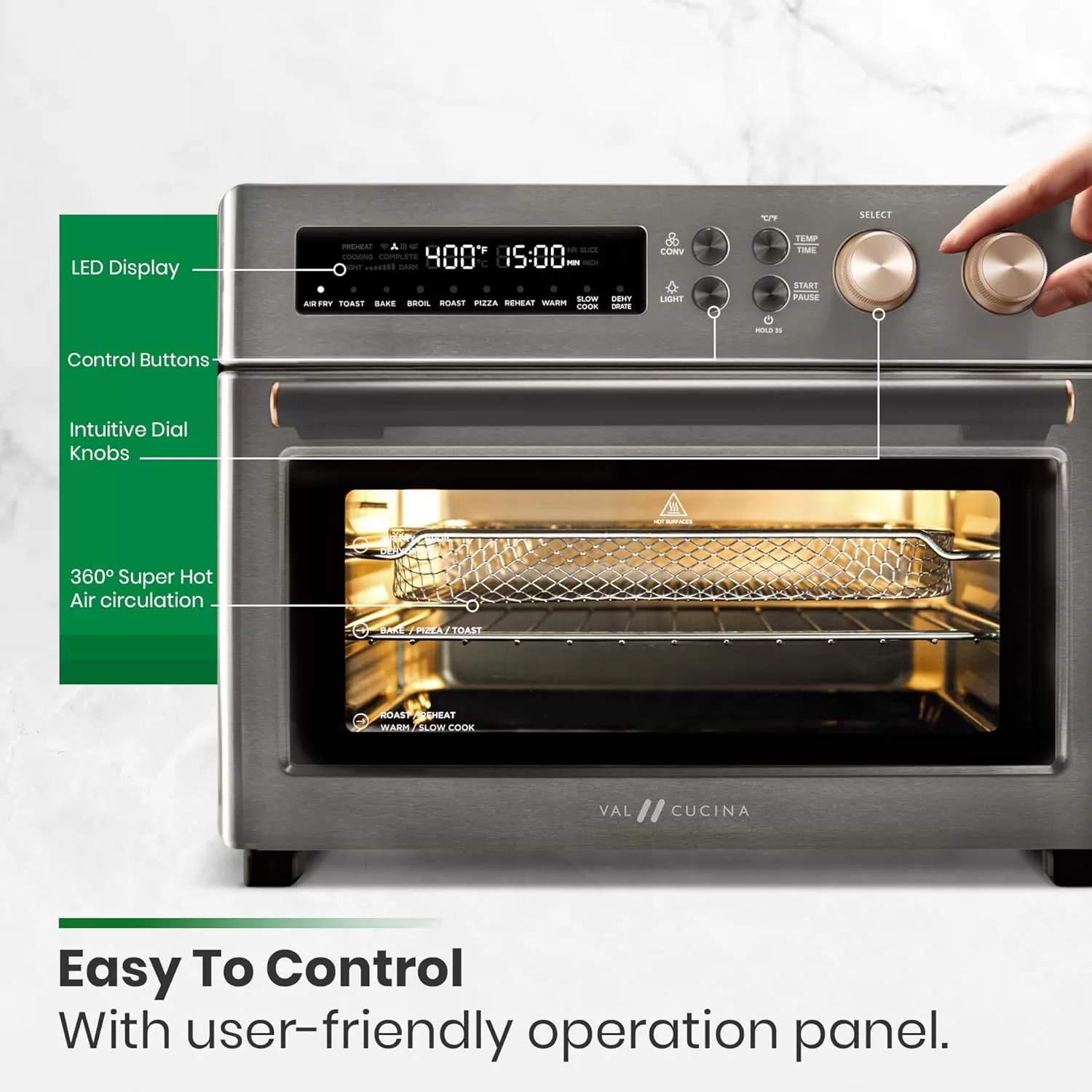 VAL CUCINA Infrared Heating Air Fryer Toaster Oven, Extra Large Countertop Convection Oven 10-in-1 Combo, Metalic Gray Color