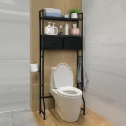ETELI Over The Toilet Storage Cabinet with Fabric Drawers 3 Tier Bathroom Shelf Over Toilet Space - Black
