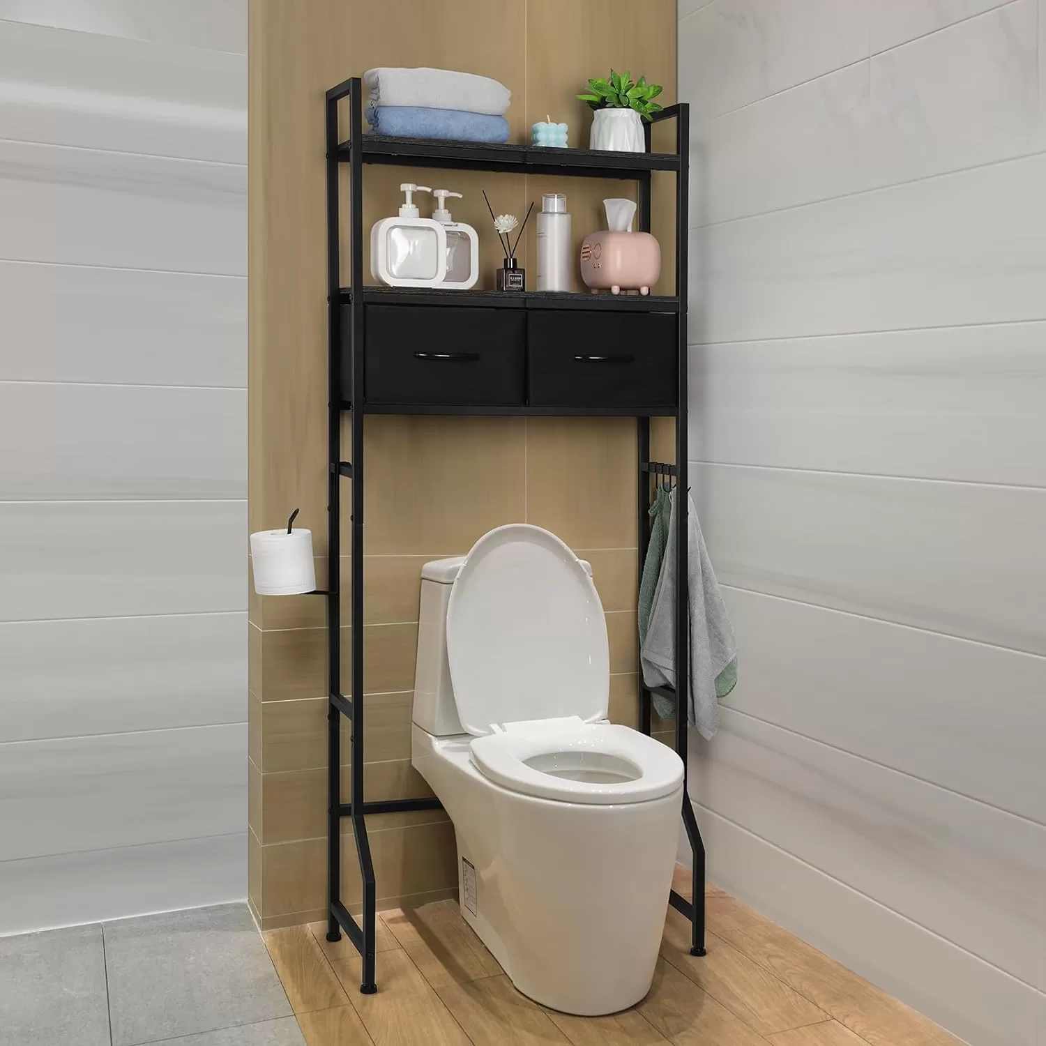 ETELI Over The Toilet Storage Cabinet with Fabric Drawers 3 Tier Bathroom Shelf Over Toilet Space - Black