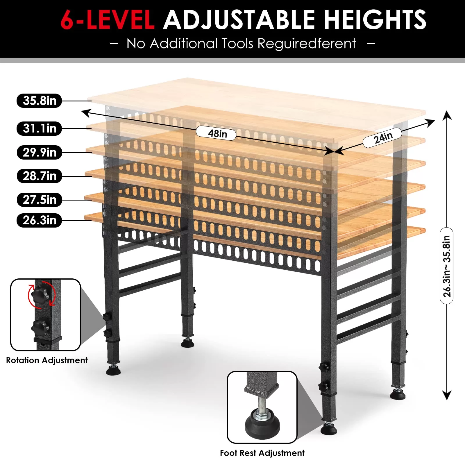 OLBRUS 48 "Adjustable Workbench with Power Outlet, Heavy Duty 2000 LBS Load Capacity Hardwood Workbench Suitable
