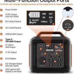 SBAOH Portable Power Station, 300W 296Wh Solar Generator Quick Charge / 110V AC Outlets/DC Ports and LED Flashlight