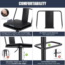 Metal Swivel Barstools Set of 2, Enlarged PU Leather Seat with Metal Back