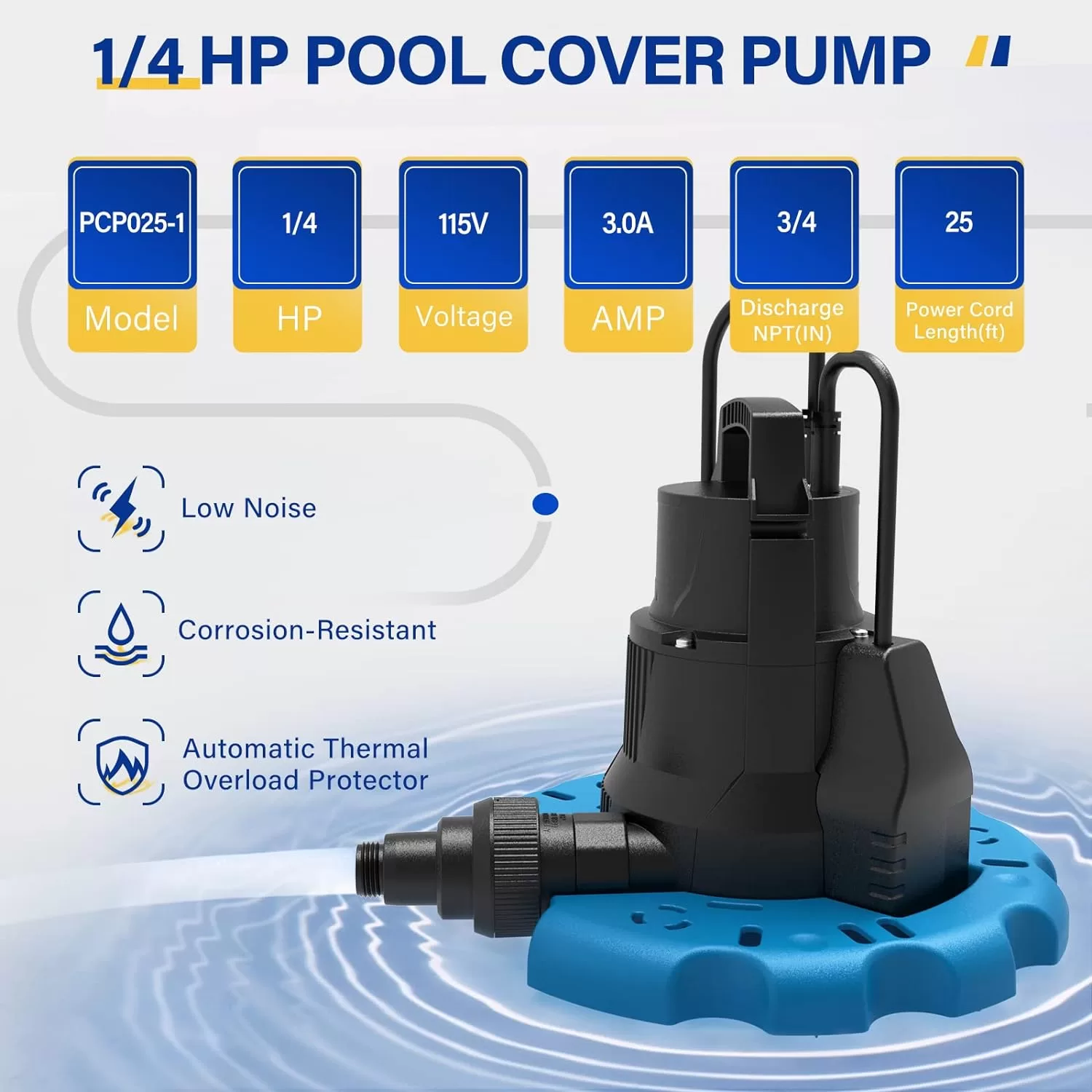 Acquaer 1/4 HP Automatic Swimming Pool Cover Pump, 115 V Submersible