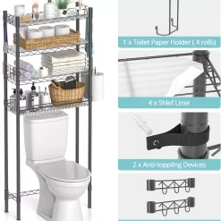 Hodonas Bathroom Organizer Over Toilet Storage, 4-Tier Toilet Shelf Bathroom Shelves Over Toilet, Gray