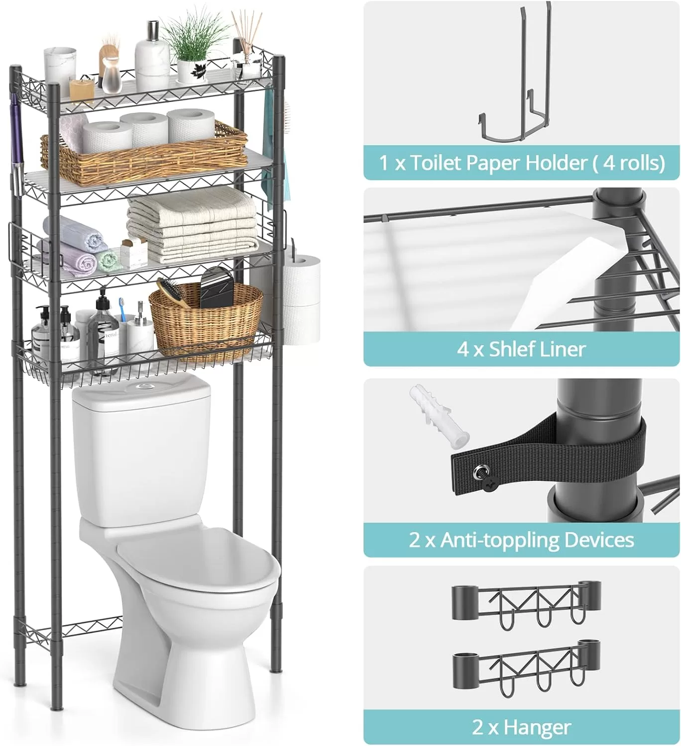 Hodonas Bathroom Organizer Over Toilet Storage, 4-Tier Toilet Shelf Bathroom Shelves Over Toilet, Gray