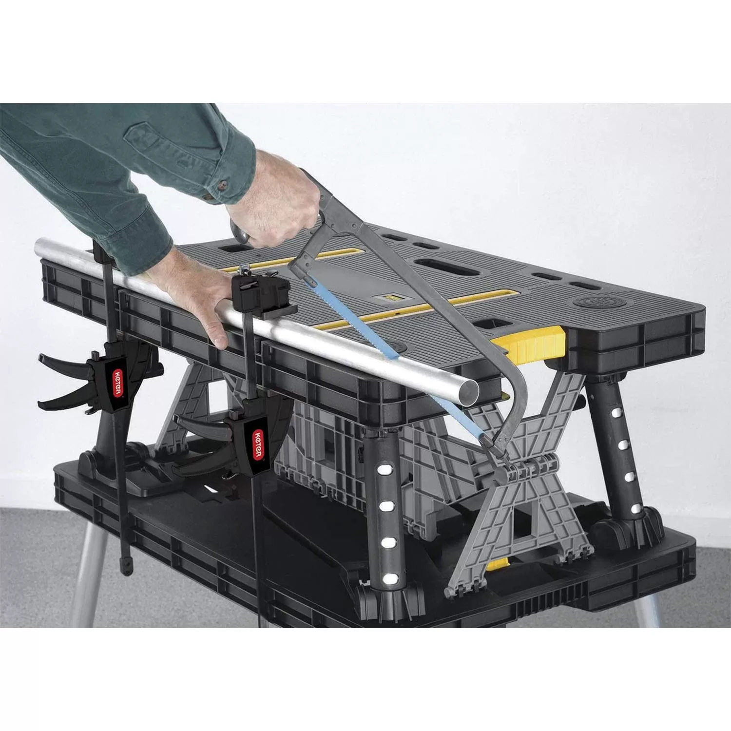 Keter Portable Folding Work Table Tool Storage Stand Workbench with 12 Inch Wood Clamps