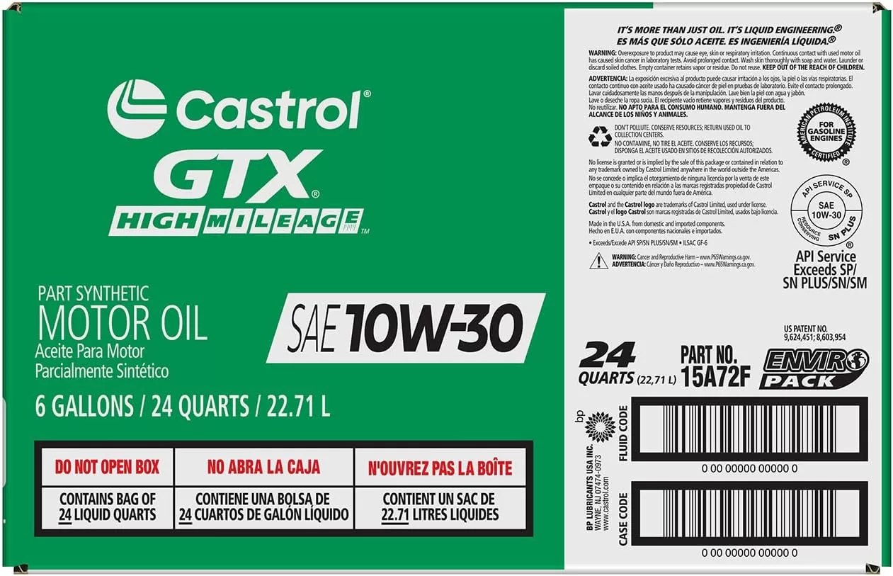Castrol GTX High Mileage 10W-30 Synthetic Blend Motor Oil, 6 Gallon Enviro-Pack
