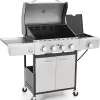 MFSTUDIO 4 Burner Propane Gas BBQ Grill with Porcelain-Enameled Cast Iron Grates and Side Burner, Stainless Steel