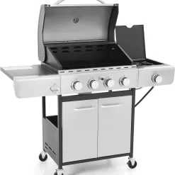 MFSTUDIO 4 Burner Propane Gas BBQ Grill with Porcelain-Enameled Cast Iron Grates and Side Burner, Stainless Steel