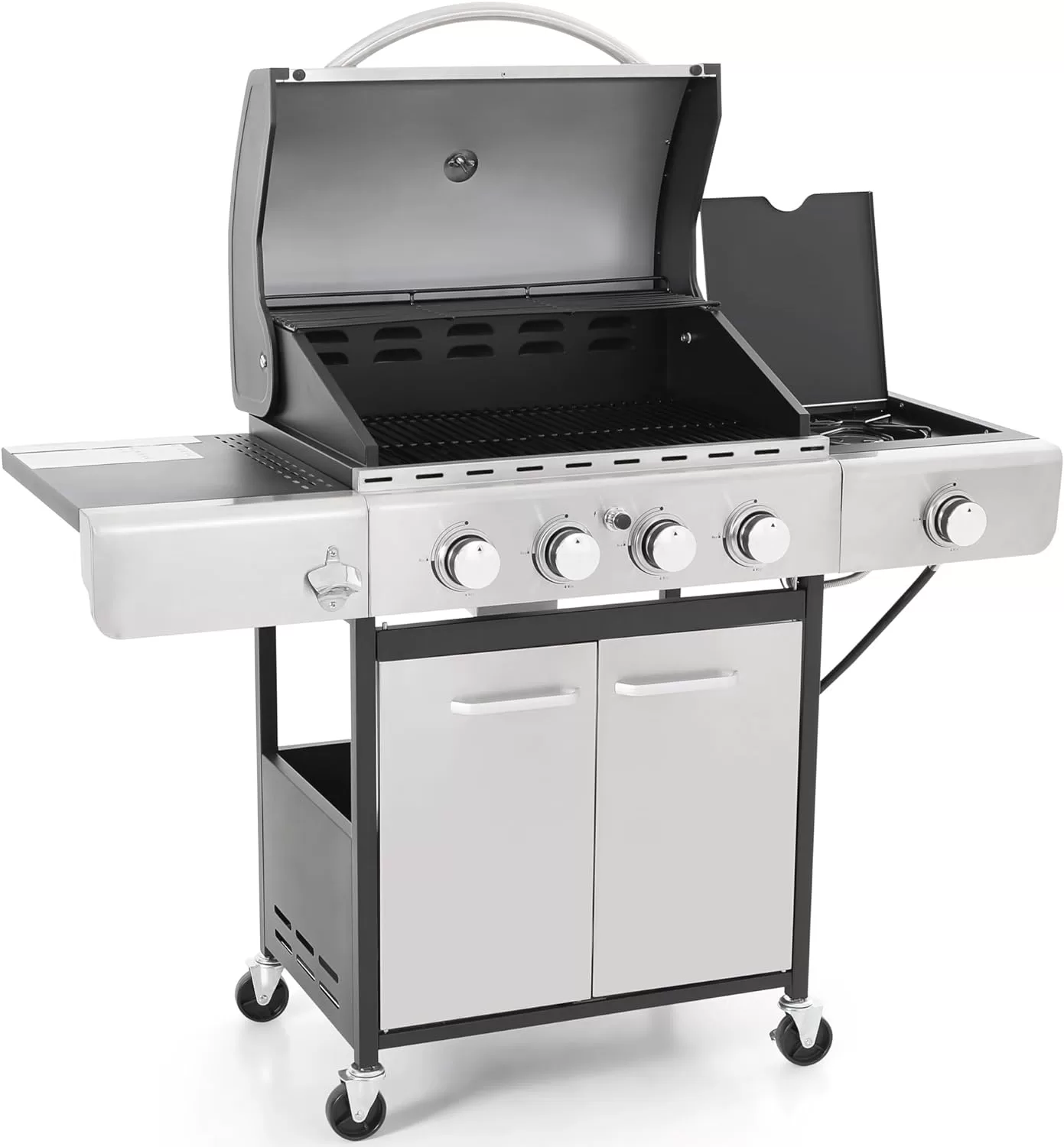 MFSTUDIO 4 Burner Propane Gas BBQ Grill with Porcelain-Enameled Cast Iron Grates and Side Burner, Stainless Steel