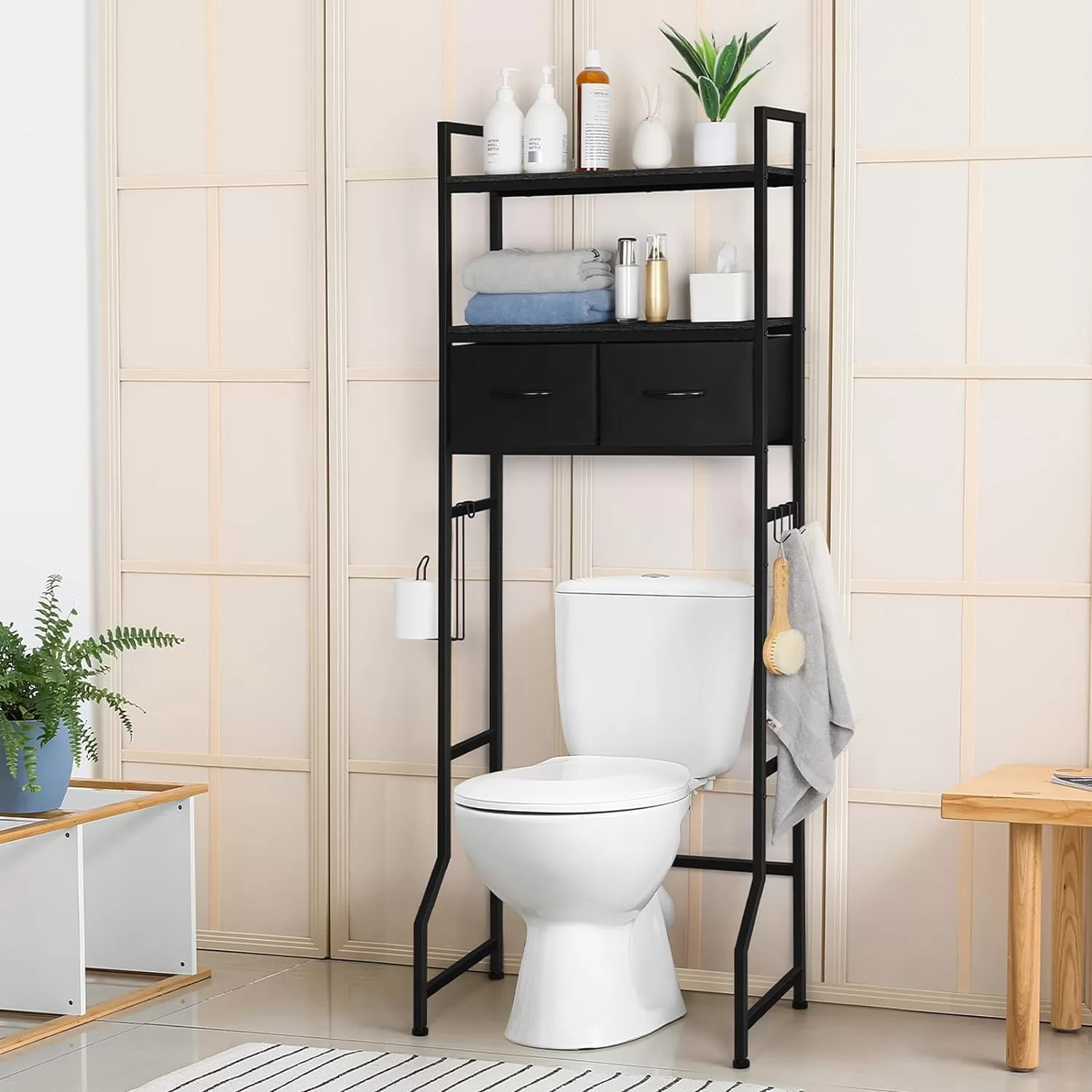 ETELI Over The Toilet Storage Cabinet with Fabric Drawers 3 Tier Bathroom Shelf Over Toilet Space - Black