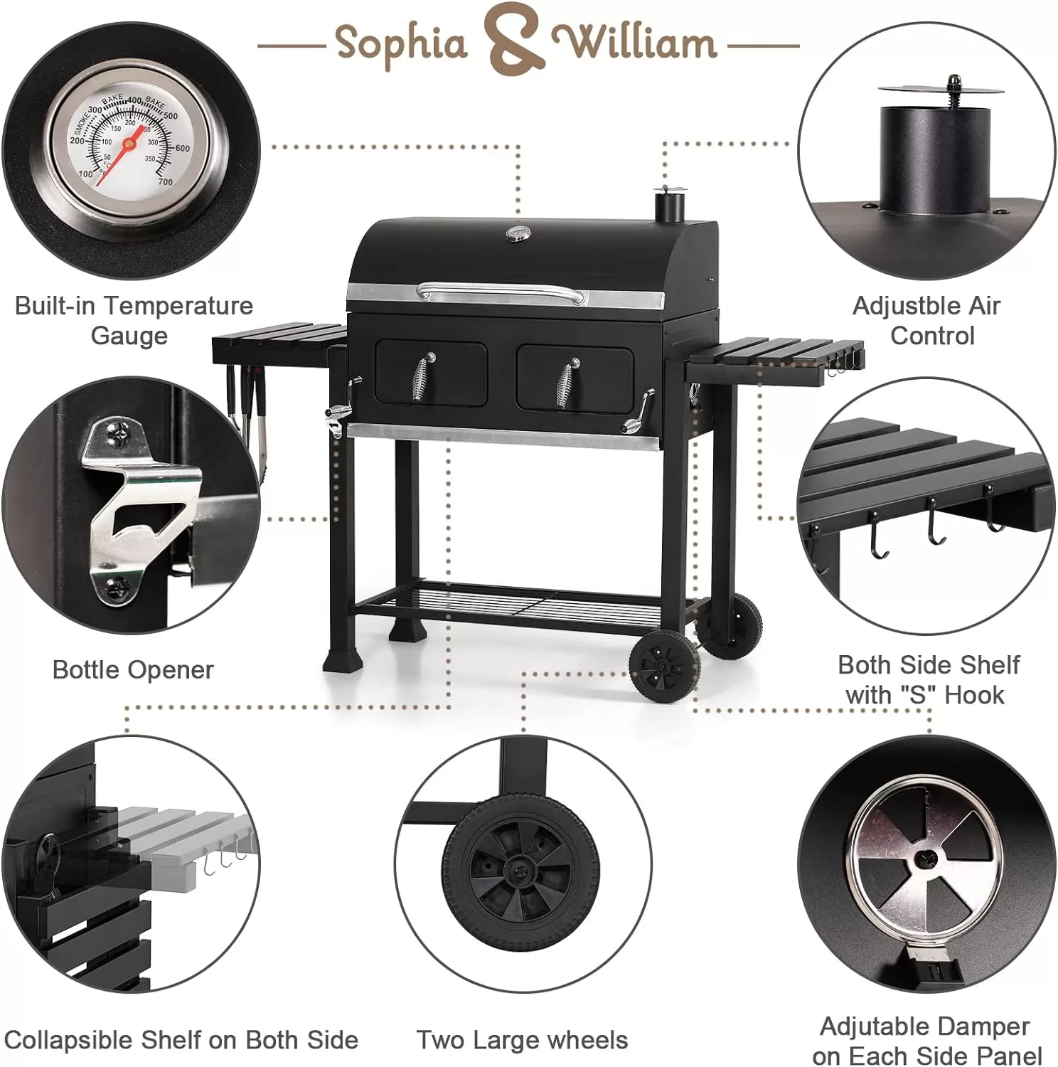 Sophia & William Extra Large Charcoal BBQ Grills with 794 SQ.IN. Cooking Area, Outdoor Barbecue Grill