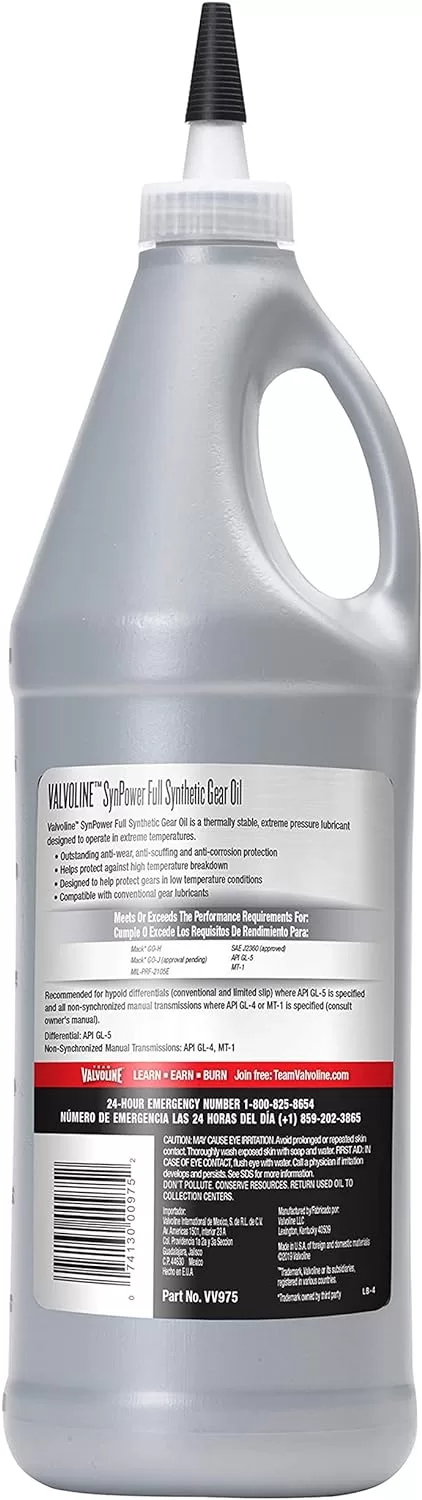 Valvoline SynPower SAE 75W-90 Full Synthetic Gear Oil 1 QT, Case of 12