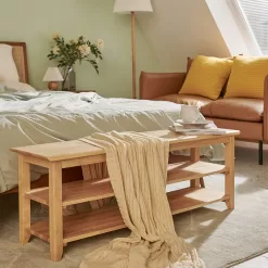XKZG Storage Bench Wooden Shoe Bench Simple Style Wood Entryway Bench Shoe Rack (Natural,47.2