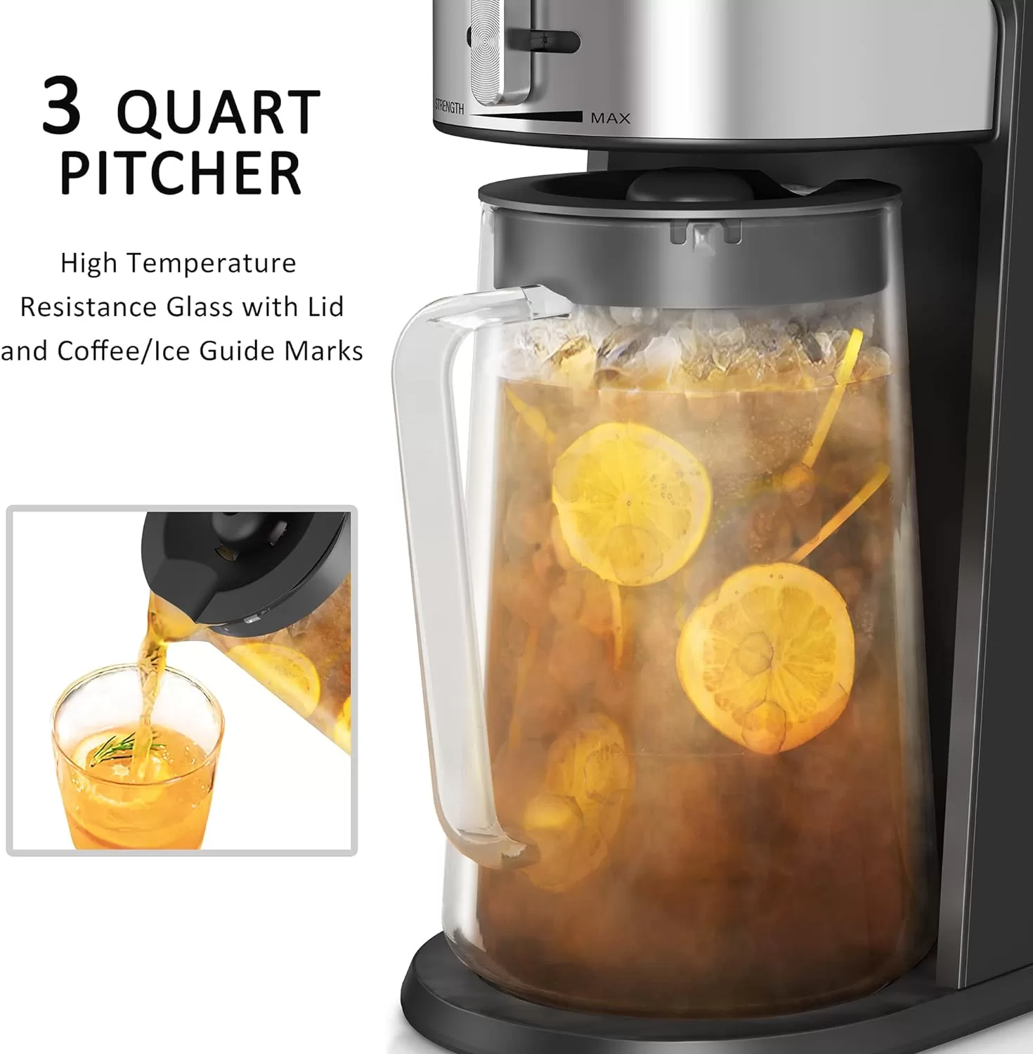 wirsh Iced Tea Maker with 85 Ounce Pitcher, Strength Control and Reusable Filter, Black