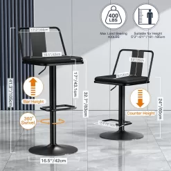 Metal Swivel Barstools Set of 2, Enlarged PU Leather Seat with Metal Back