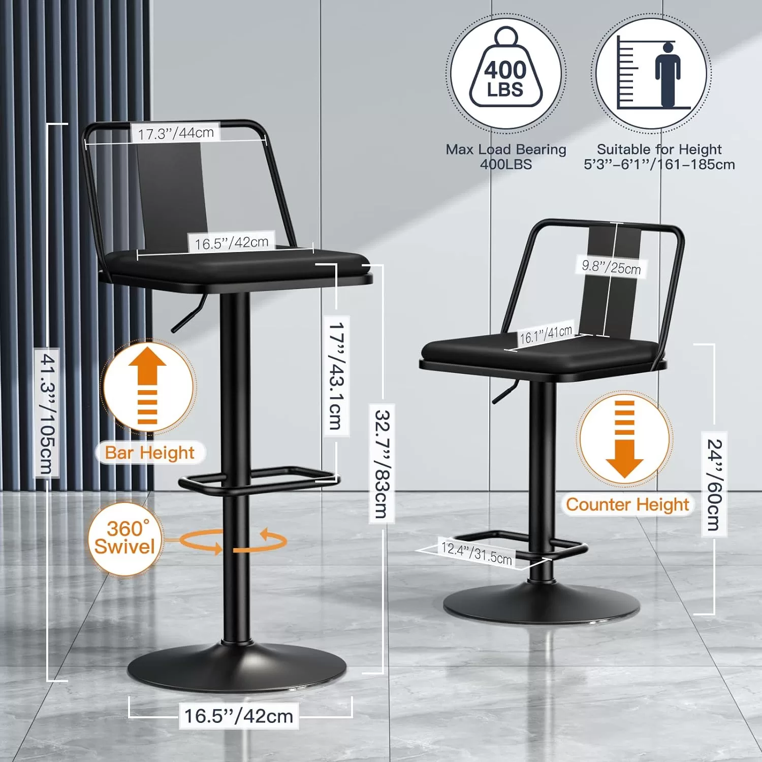 Metal Swivel Barstools Set of 2, Enlarged PU Leather Seat with Metal Back