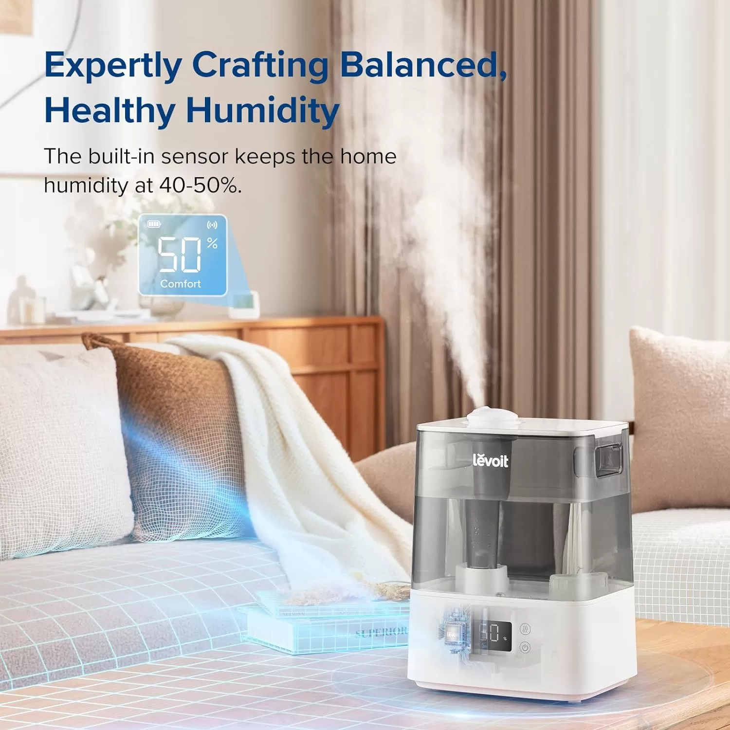 LEVOIT Humidifiers for Bedroom Large Room Home, (6L) Cool Mist Top Fill Essential Oil Diffuser, Gray