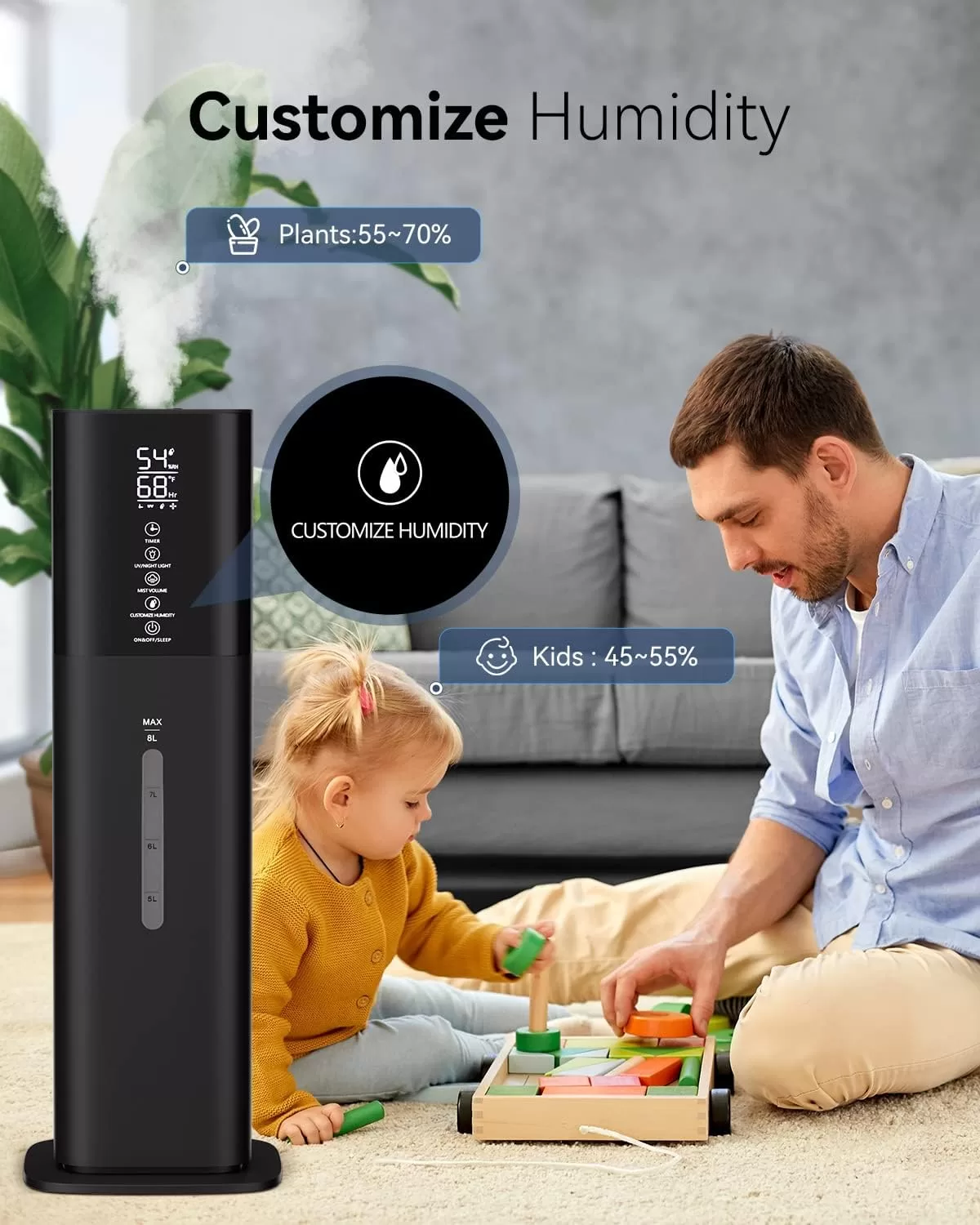 Let'me Humidifiers for Bedroom, 2.11Gal 8L Quiet Humidifiers for Large Room with Timer