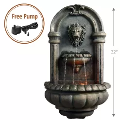 Teamson Home Outdoor Tiered Lion Head Stone Wall Fountain with LED Light, Antique Bronze