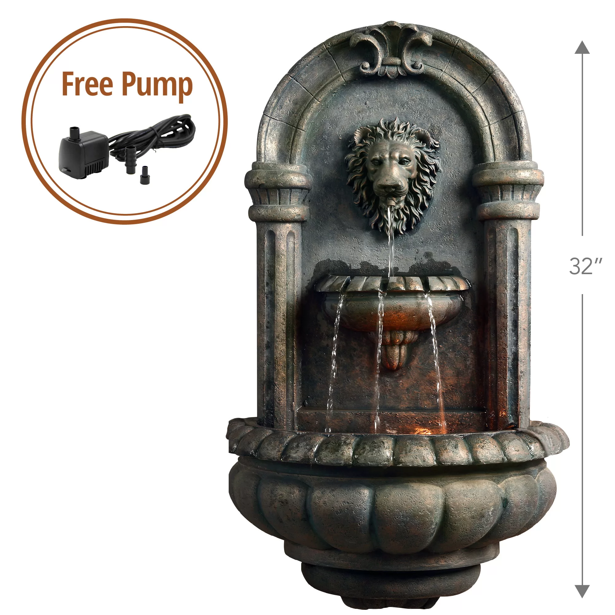 Teamson Home Outdoor Tiered Lion Head Stone Wall Fountain with LED Light, Antique Bronze