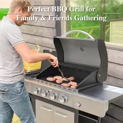 MFSTUDIO 4 Burner Propane Gas BBQ Grill with Porcelain-Enameled Cast Iron Grates and Side Burner, Stainless Steel