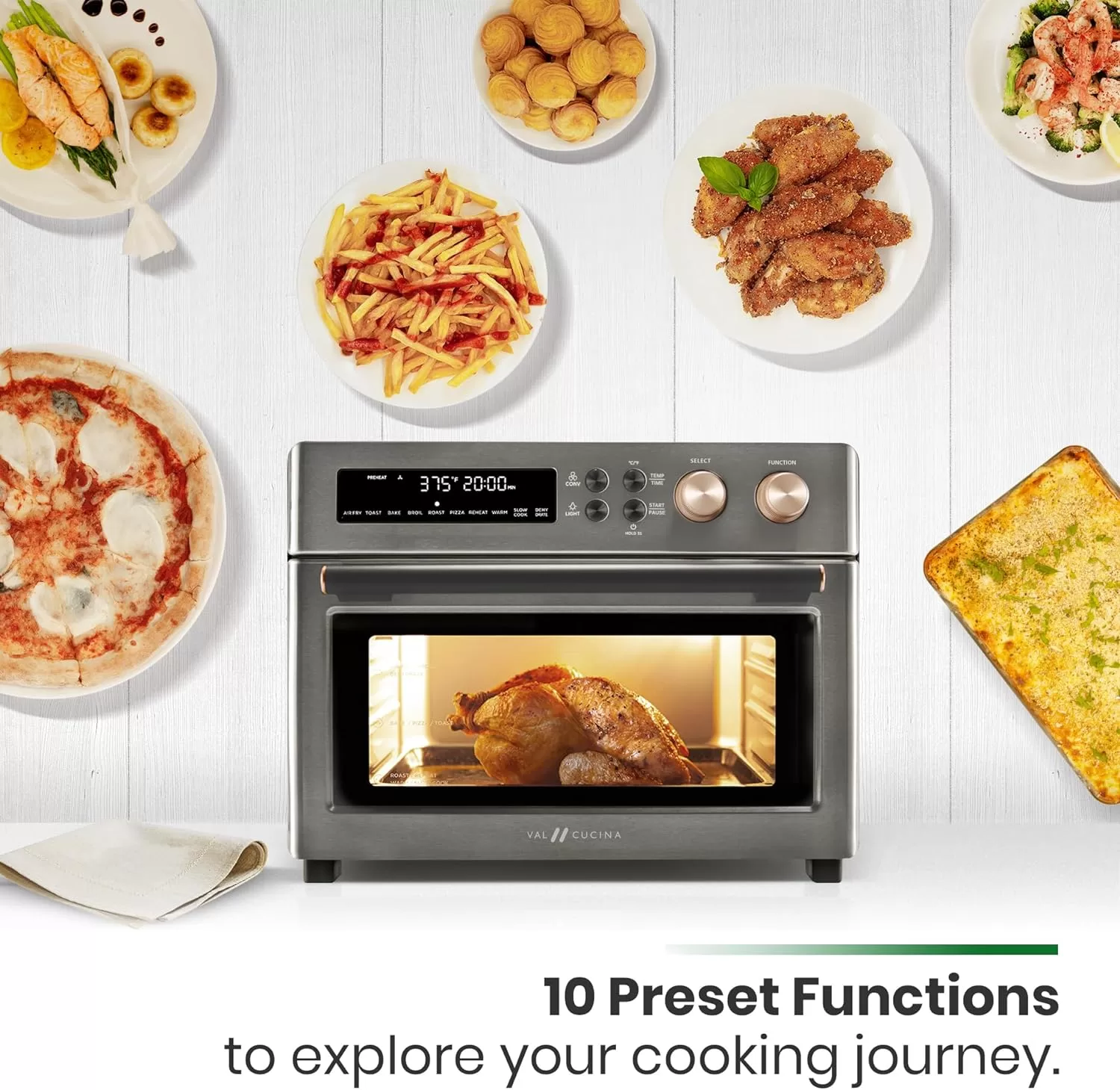 VAL CUCINA Infrared Heating Air Fryer Toaster Oven, Extra Large Countertop Convection Oven 10-in-1 Combo, Metalic Gray Color