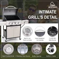 MFSTUDIO 4 Burner Propane Gas BBQ Grill with Porcelain-Enameled Cast Iron Grates and Side Burner, Stainless Steel