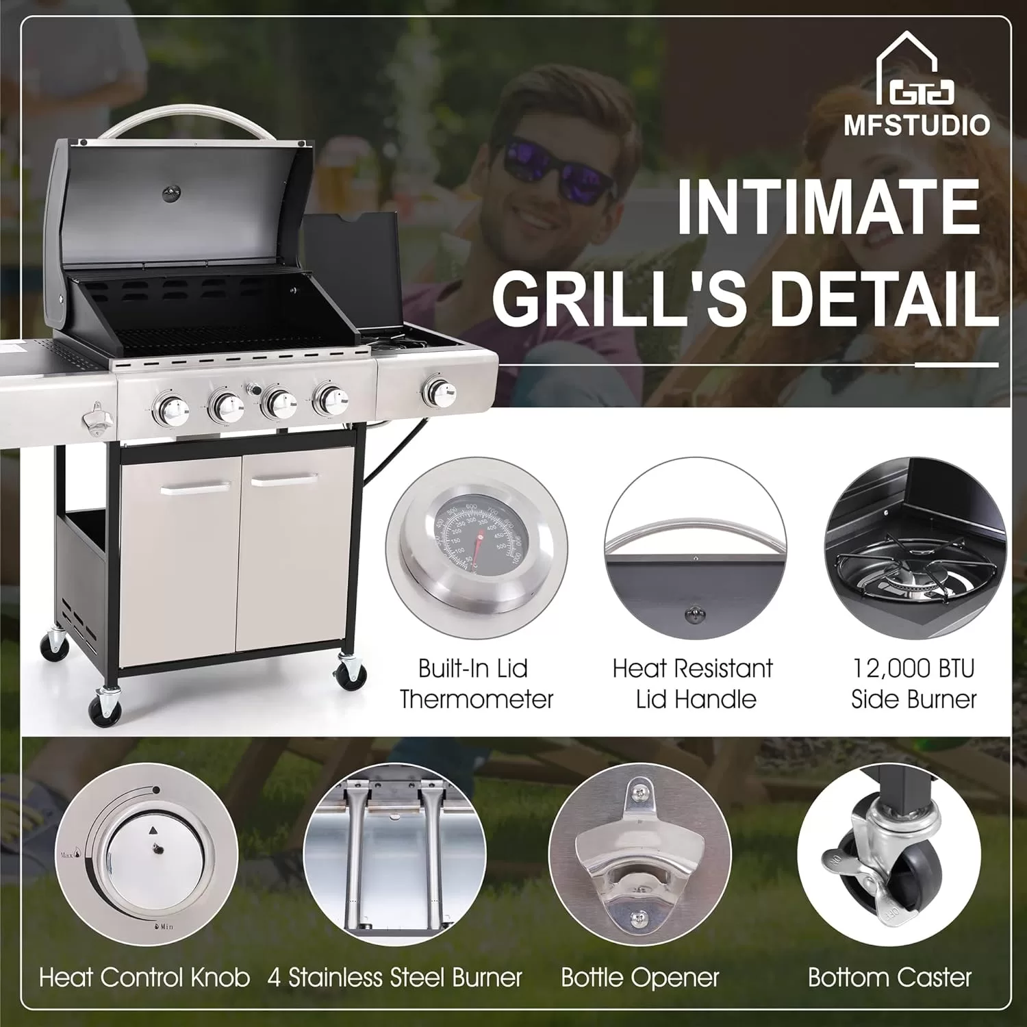 MFSTUDIO 4 Burner Propane Gas BBQ Grill with Porcelain-Enameled Cast Iron Grates and Side Burner, Stainless Steel