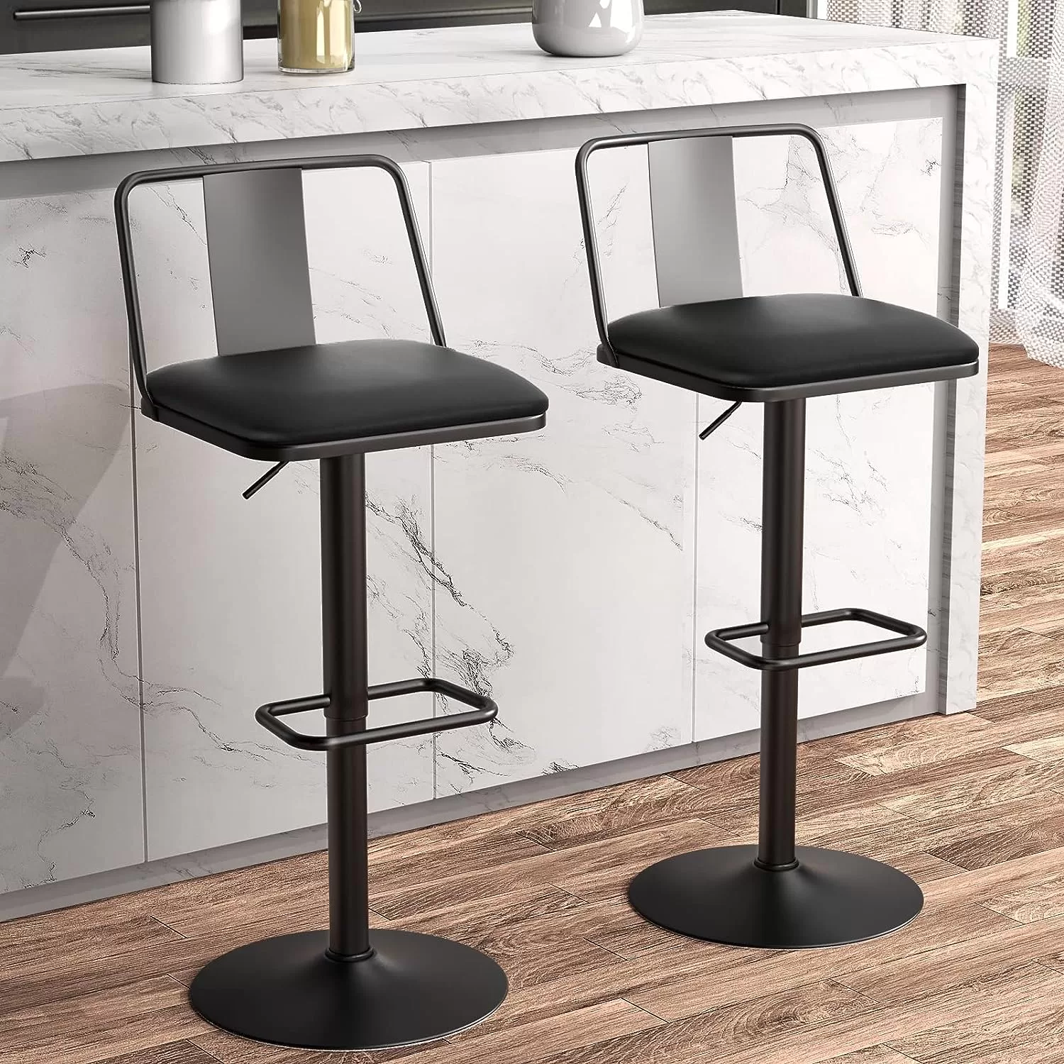 Metal Swivel Barstools Set of 2, Enlarged PU Leather Seat with Metal Back