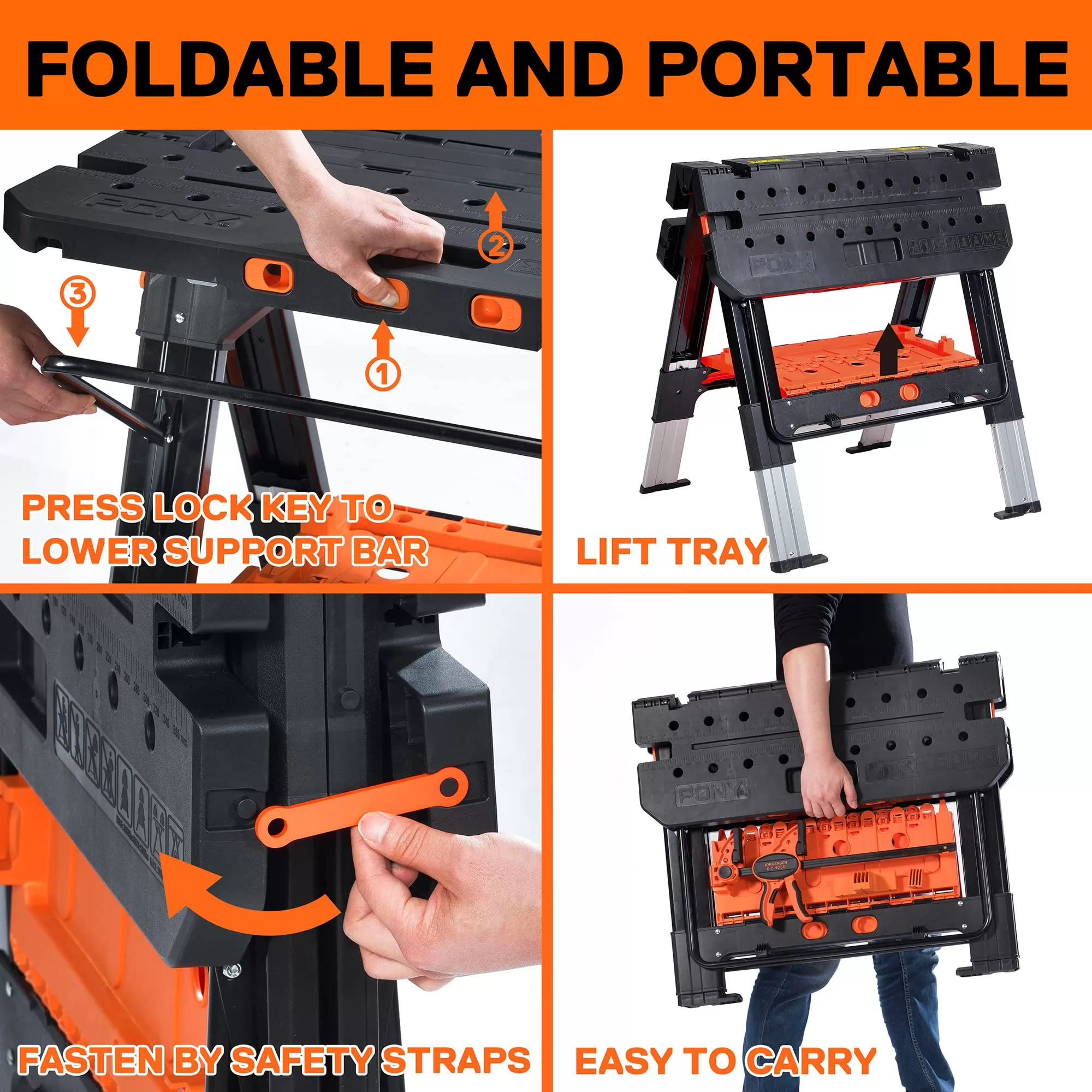Pony Portable Folding Work Table, 2-in-1 as Sawhorse & Workbench, Load Capacity 1000 lbs-Sawhorse & 500 lbs-Workbench
