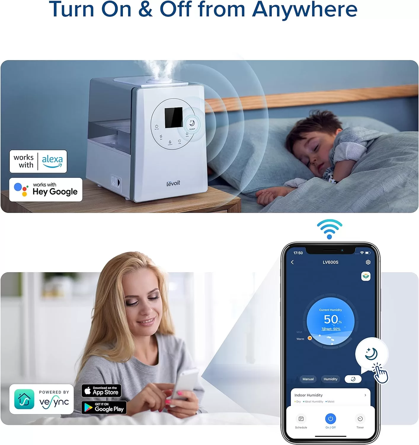 LEVOIT LV600S Smart Warm and Cool Mist Humidifiers for Home Bedroom Large Room - Quiet Sleep Mode