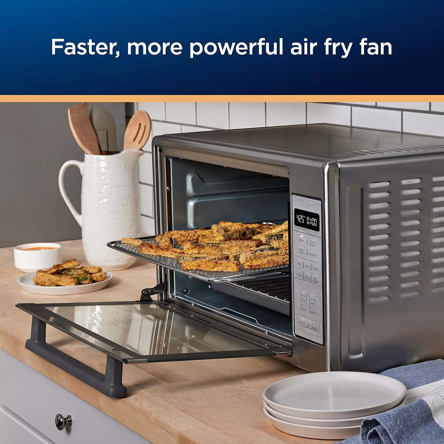 Oster Air Fryer Oven, 10-in-1 Countertop Toaster Oven Air Fryer Combo, 10.5" x 13" Fits 2 Large Pizzas, Stainless Steel,Silver