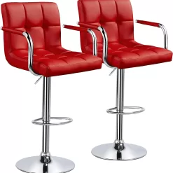 Yaheetech Tall Bar Stools Set of 2 Modern Square PU Leather Adjustable BarStools Counter Height Stools, Red