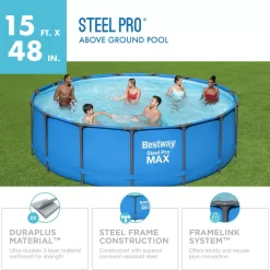 Bestway Steel Pro 15' x 48" Round Steel Frame Above Ground Outdoor Swimming Pool Outdoor Metal Frame with Heavy Duty Repair Patch, Blue
