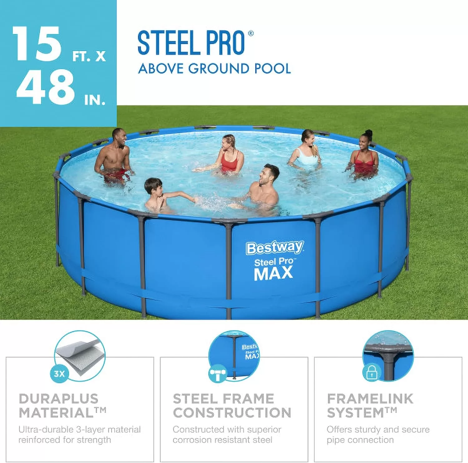 Bestway Steel Pro 15' x 48" Round Steel Frame Above Ground Outdoor Swimming Pool Outdoor Metal Frame with Heavy Duty Repair Patch, Blue