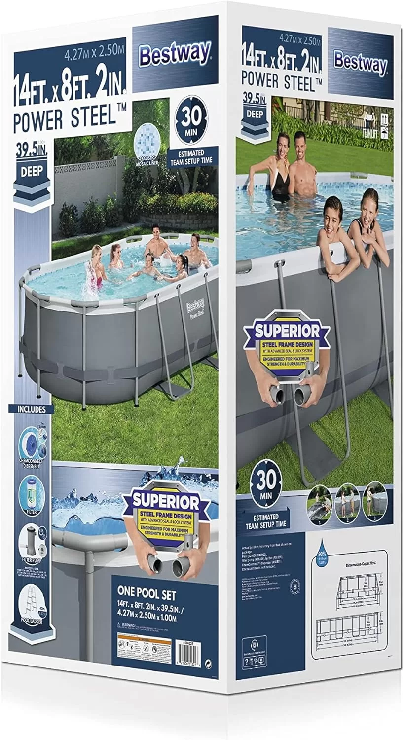 Bestway Power Steel 14' x 8'2" x 39.5" Oval Above Ground Pool Set | Includes 530gal Filter Pump, Ladder, ChemConnect Dispener