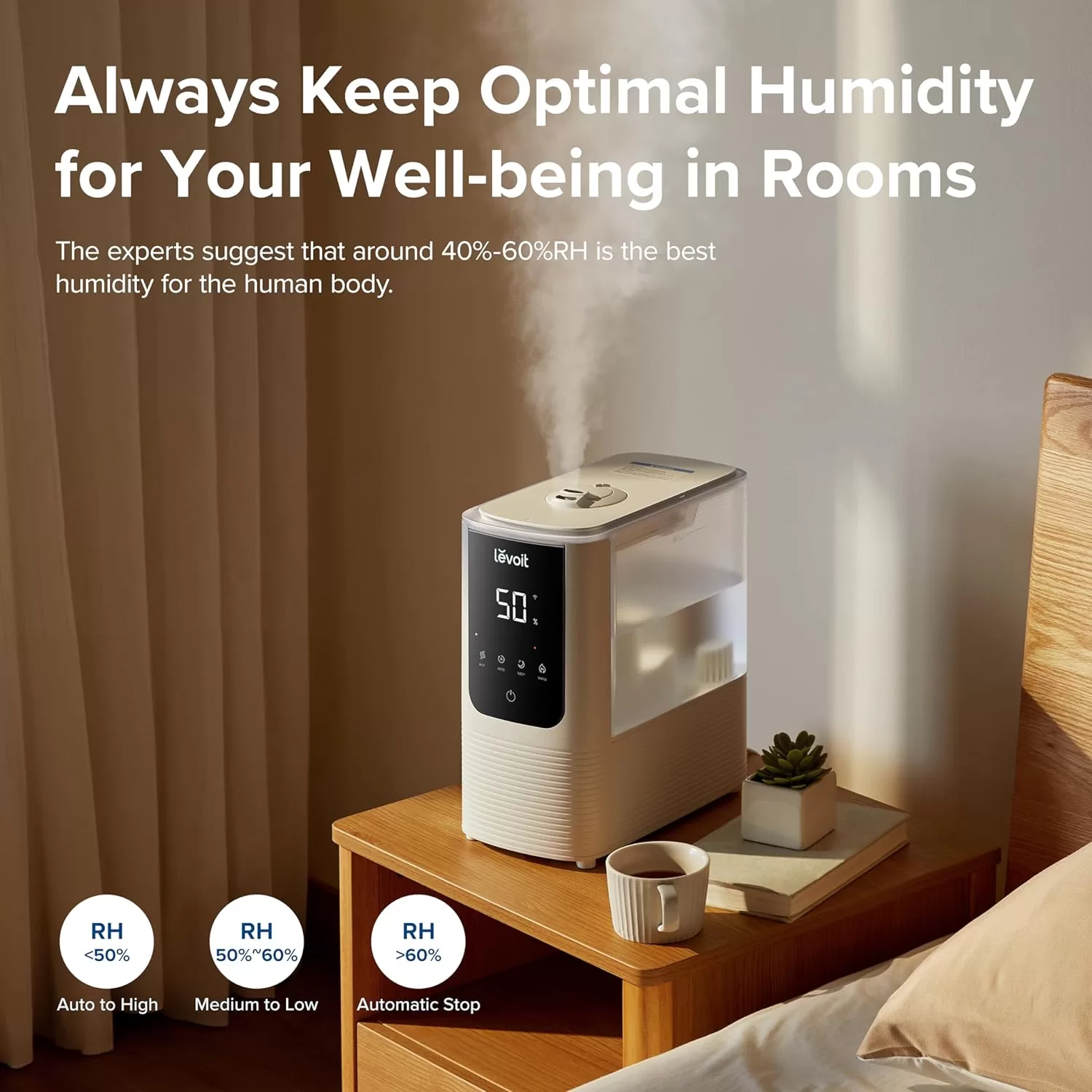 LEVOIT Humidifiers for Bedroom Home, Smart Warm and Cool Mist Air Humidifier for, OasisMist4.5L, White