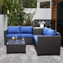 Outdoor PE Wicker Furniture Set 4 Piece Patio Black Rattan Sectional Loveseat Couch Set Conversation Sofa