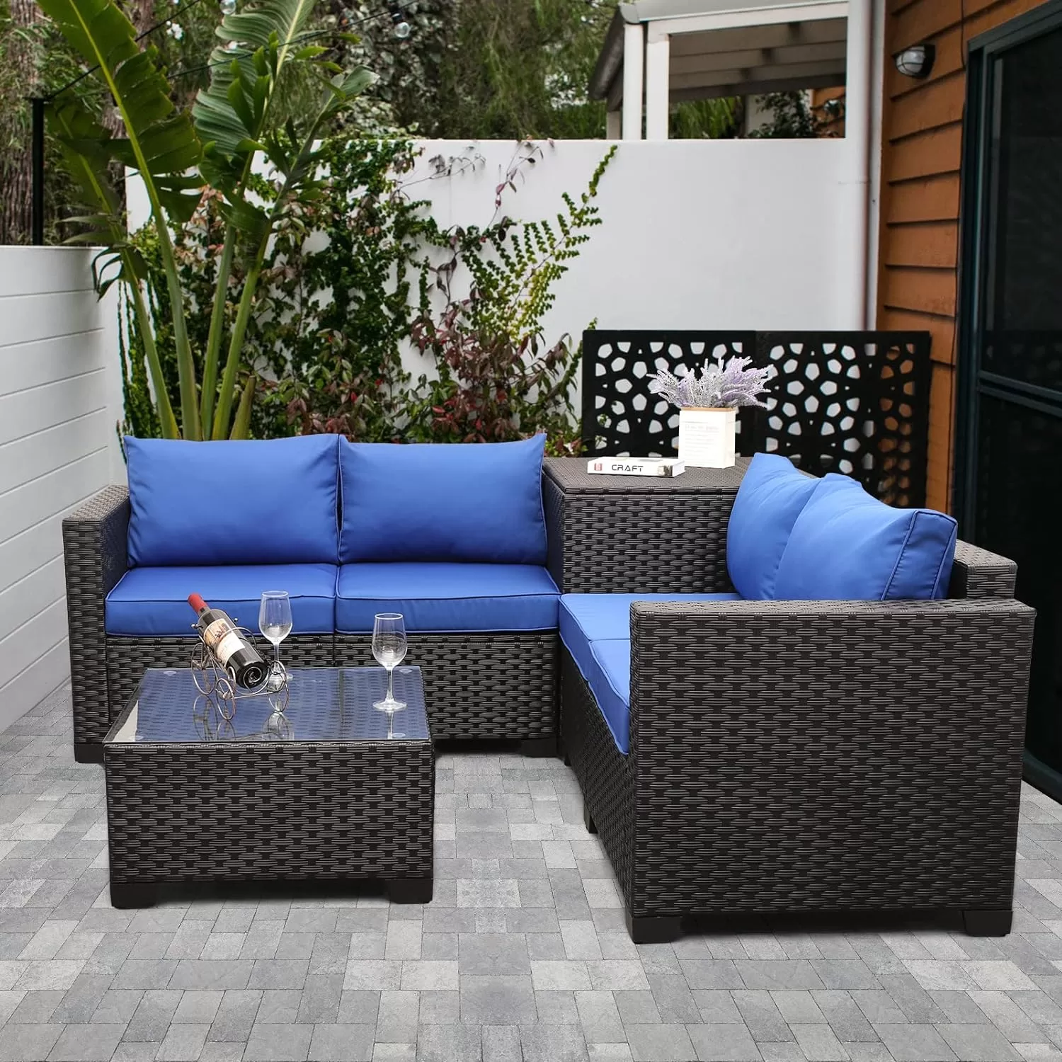 Outdoor PE Wicker Furniture Set 4 Piece Patio Black Rattan Sectional Loveseat Couch Set Conversation Sofa
